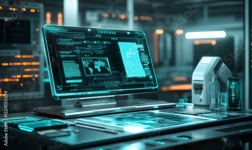 Wallpaper Mural a futuristic office setting featuring a glowing laptop on a desk, showcasing advanced technology and information Torontodigital.ca