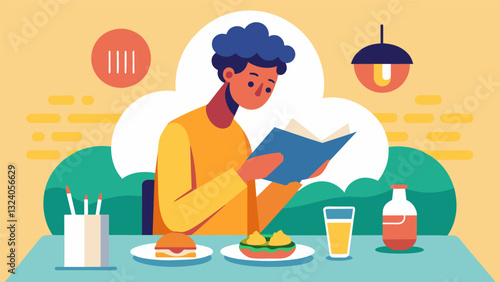 An individual practices mindful eating at a restaurant taking time to read the menu and choose a dish that will truly satisfy them. They savor each bite enjoying the ambiance of. Vector illustration