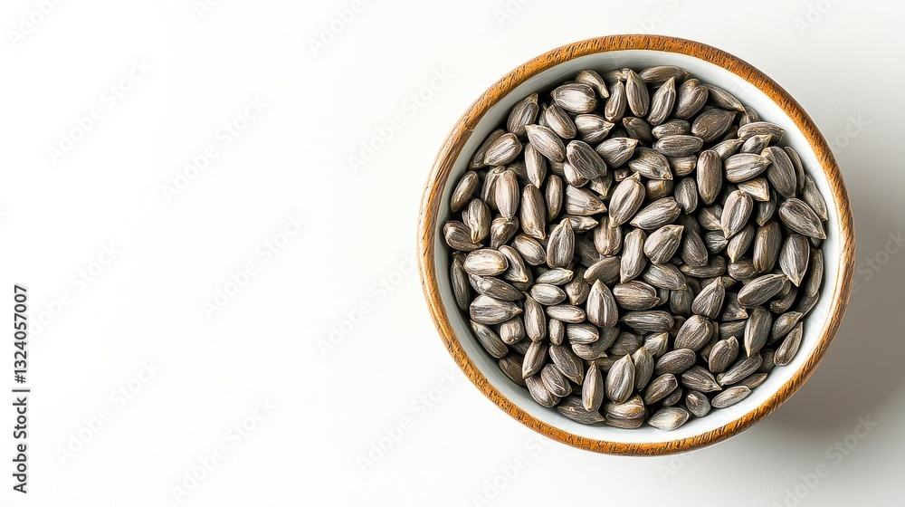 Fototapeta premium Fresh Sunflower Seed Oil in Wooden Bowl on Top with White Background View - Harvest Heap