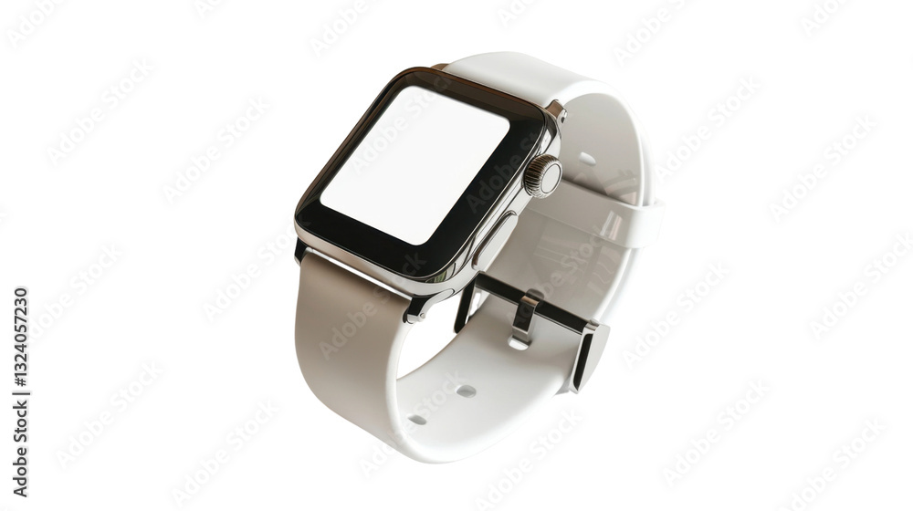 Modern smartwatch with white strap and blank screen on transparent background Modern smartwatch with white strap and blank screen on transparent background