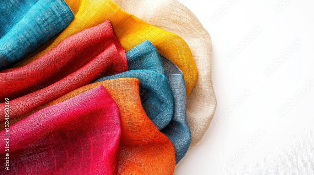 A group of colorful fabric textiles arranged in a cascading manner, showing a mix of textures, with copy space. A group of colorful fabric textiles arranged in a cascading manner, showing a mix of textures, with copy space.