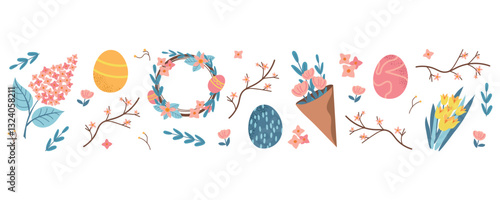 Happy Easter day spring border banner with easter elements painted eggs, spring plant and flowers