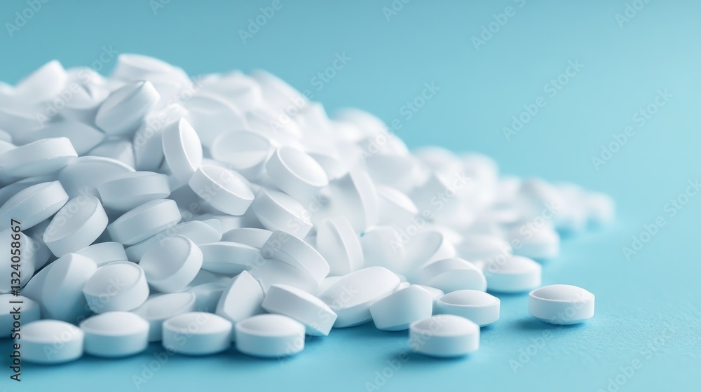 A visually appealing pile of white pills arranged on a soft blue surface, symbolizing health, medication, and the importance of wellbeing in modern life. A visually appealing pile of white pills arranged on a soft blue surface, symbolizing health, medication, and the importance of wellbeing in modern life.