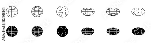 Retro-Futuristic World Globe: Linear Striped Spheres with Latitude and Longitude Grid, Black and White Vector Design