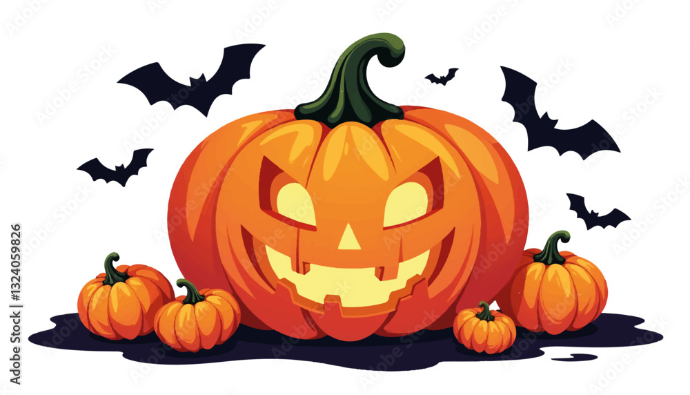 Halloween pumpkin with bats and smaller pumpkins Halloween pumpkin with bats and smaller pumpkins