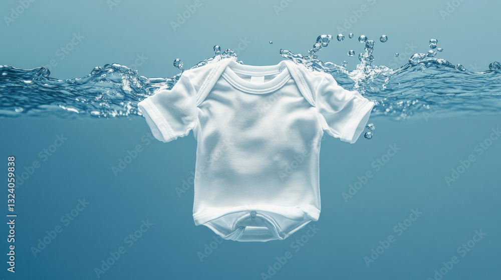 custom made wallpaper toronto digitala baby shirt floating in a clear blue ocean water. The shirt appears to be in motion, with water droplets and bubbles tossed in the water. The background is a gradient from light to dark blue.