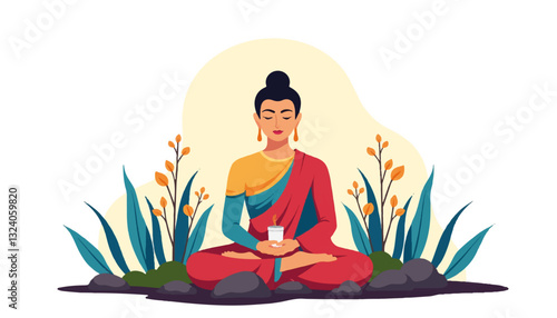Meditating Buddha figure on serene background with plants