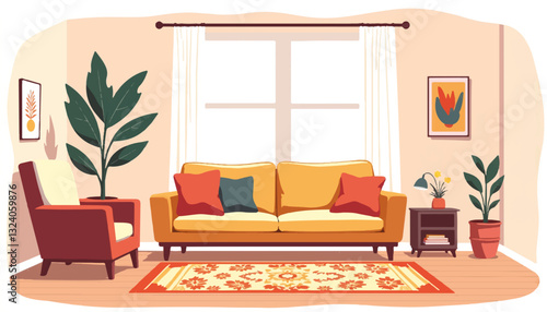 Colorful living room with cozy sofa and plants