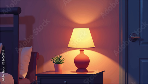 Cozy bedside lamp illuminating a plant in warm-toned room