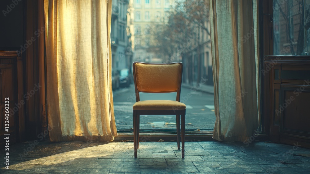 Fototapeta premium Lonely chair in abandoned room urban setting photography nostalgic mood interior view solitude theme