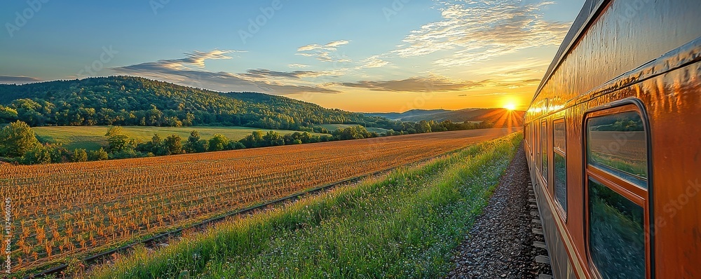 Naklejka premium Simple Window View Inside Train: Clear Blue Sky, Large Landscape with Space.