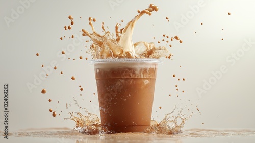 Stock photo of an iced coffee in a plastic cup with milk being poured into it, against a white background. Iced Coffee with Milk Splash and Coffee Beans