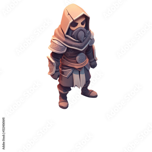 Enigmatic Warrior: A hooded character in protective armor, embodying the spirit of a medieval hero, ready to defend with unwavering resolve and stand as a vigilant guardian.