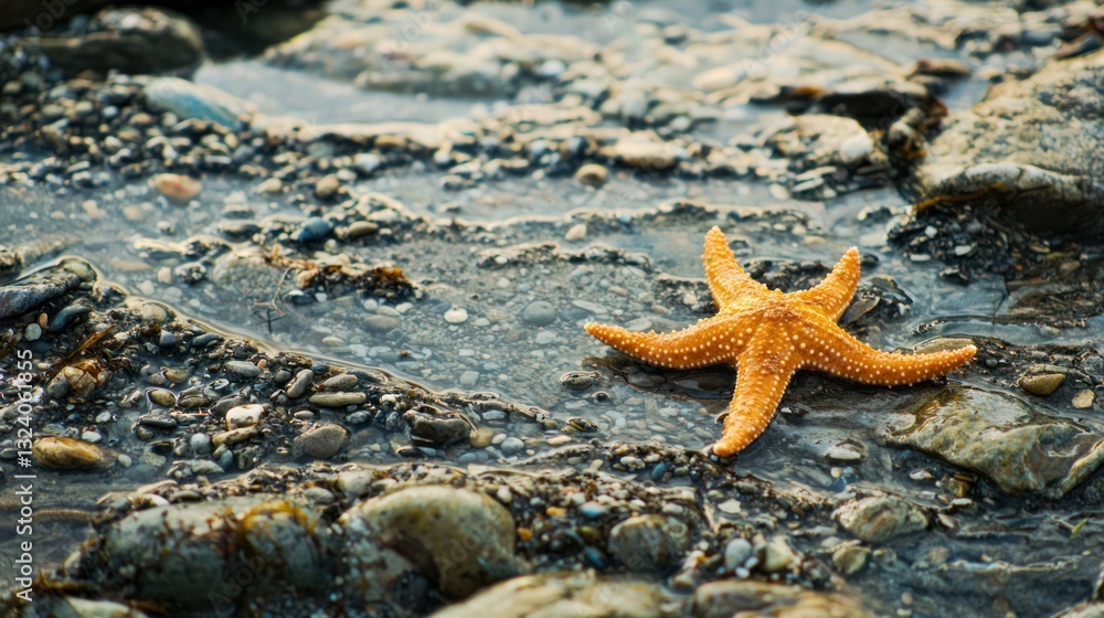 A bright orange starfish resting on a rocky ocean floor A bright orange starfish resting on a rocky ocean floor