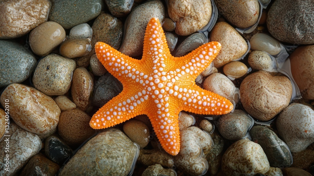 A bright orange starfish resting on a rocky ocean floor A bright orange starfish resting on a rocky ocean floor