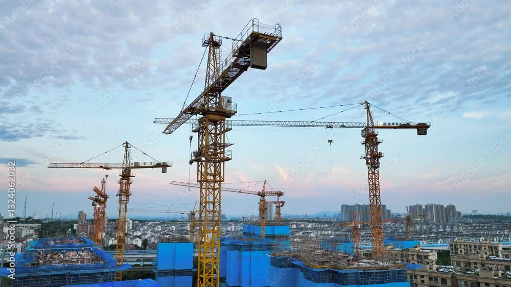 Tower Crane Operates at Height on a Busy City Construction Site During Sunset Tower Crane Operates at Height on a Busy City Construction Site During Sunset