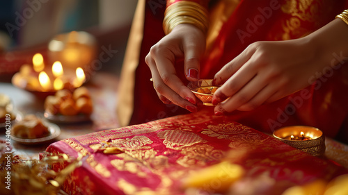 Hands Wrapping Diwali Gift Hamper with Red and Gold Theme Featuring Sweets, Candles and Decor in Cozy Setting