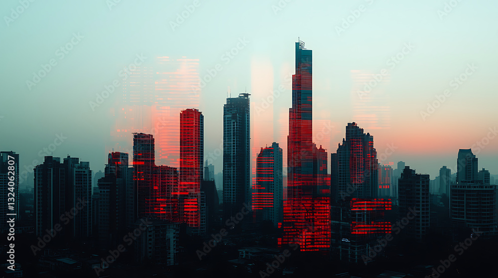 Fototapeta premium Financial crisis economy stock market. Fading city skyline with digital numbers and graphs at sunset