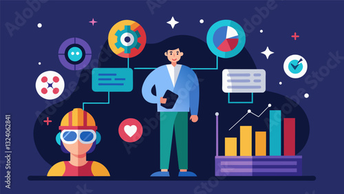 Market analysis of demographics and cultural trends is used to determine the most effective casting choices and setting for a science fiction movie.. Vector illustration