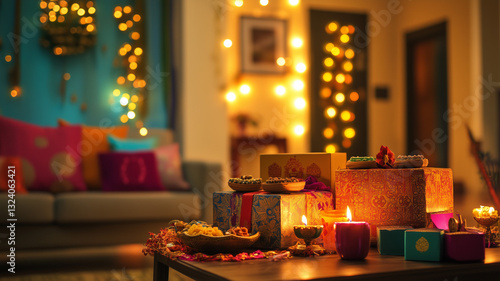 Festive Diwali Living Room with Hampers of Sweets and Gifts Amidst Glowing Lights
