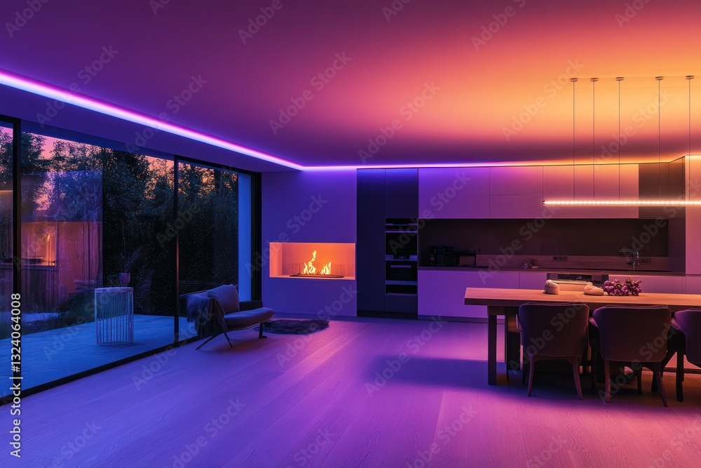 Modern kitchen with colorful LED lighting, backyard view Modern kitchen with colorful LED lighting, backyard view