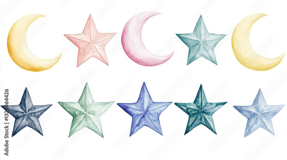 Obraz premium A beautiful watercolor illustration of pastel moons and stars, perfect for whimsical and dreamy designs.