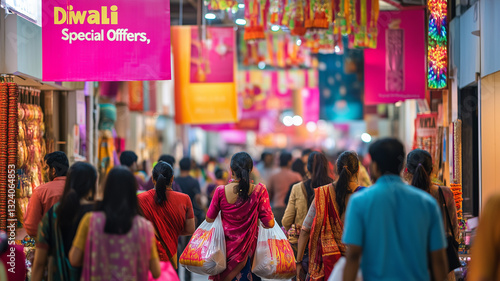 Festive Shopping Rush at a Mall During Diwali with Colorful Decor and Special Offers in a Vibrant Atmosphere