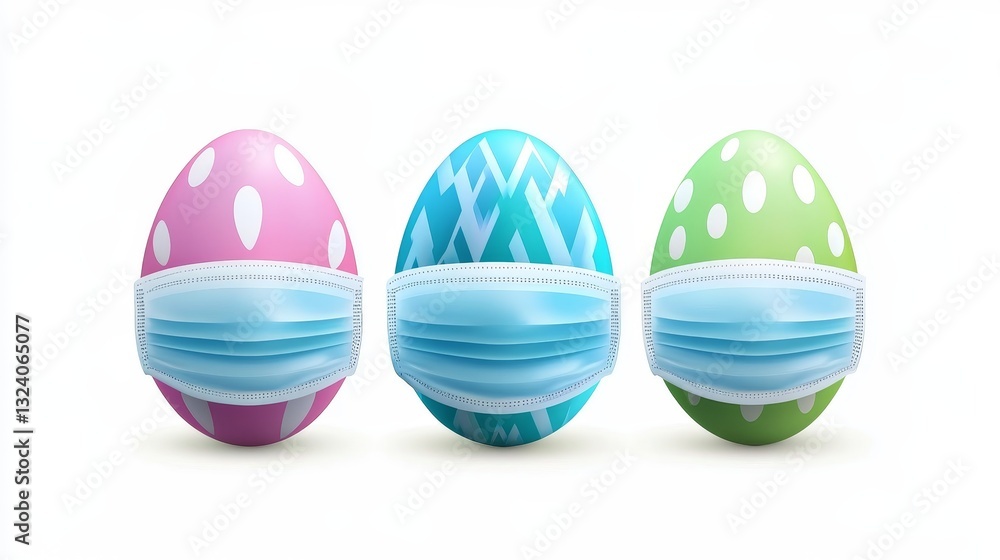 Obraz premium Happy Easter concept with a colorful Easter egg wearing a medical face mask on a white background. Holiday celebration during health precautions and safety awareness