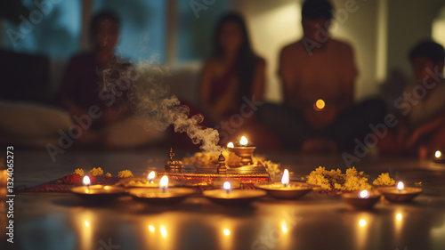 A serene family pooja ceremony at home with glowing diyas and swirling incense in a peaceful atmosphere