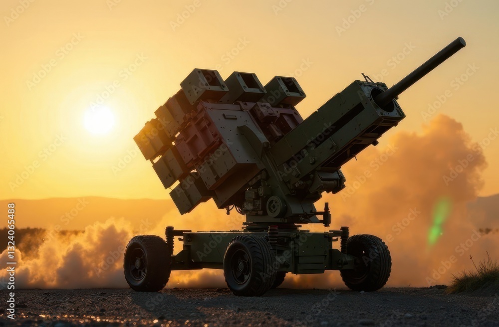 Military air defense system launching at sunset with AI technology Military air defense system launching at sunset with AI technology