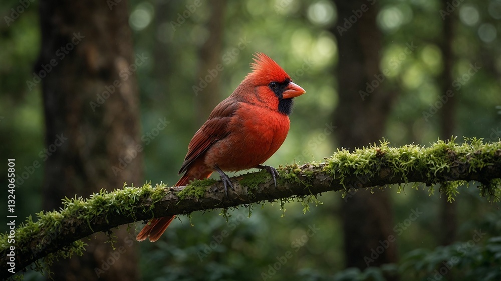 Majestic vibrant red cardinal perched elegantly on a moss-covered branch in a lush green forest Majestic vibrant red cardinal perched elegantly on a moss-covered branch in a lush green forest