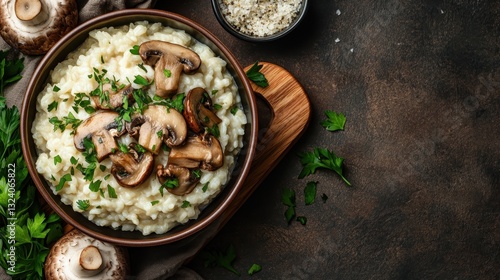Rich and creamy mushroom risotto with sautéed mushrooms and a sprinkle of fresh parsley, served elegantly on a wooden board, highlighting comfort food in a stylish way.