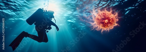 Wallpaper Mural A deep-sea diver encountering a colossal bioluminescent creature in the abyss Torontodigital.ca