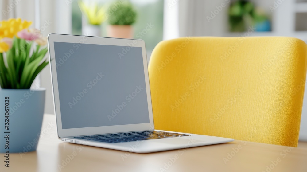 Fototapeta premium Minimalist Workspace Setup with Laptop and Vibrant Chair and Plant