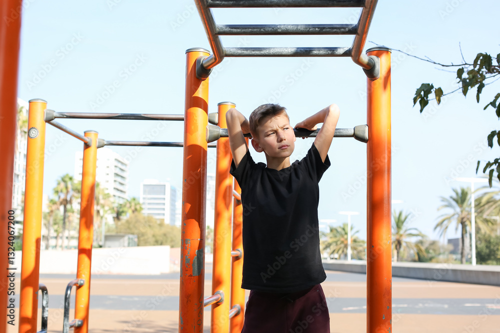 Fototapeta premium Handsome teenager doing exercises outdoors