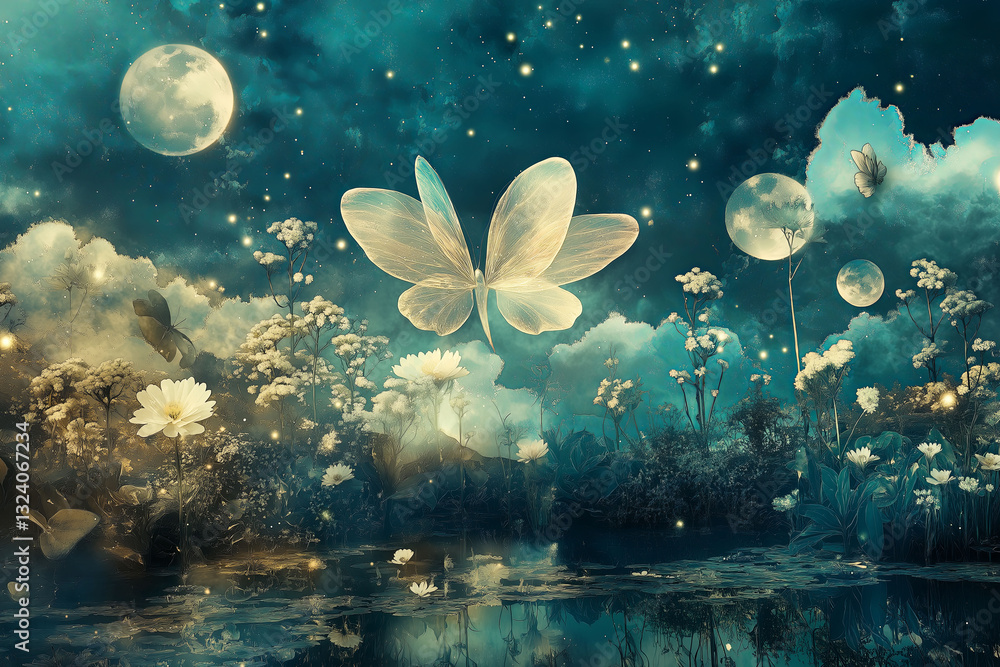 Glowing Flowers, Cosmic Ponds, and Magical Beings Under Multiple Moons