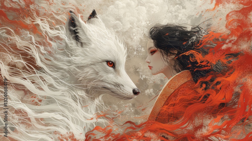 Fototapeta premium Mythical creatures. An elegant Japanese kitsune fox spirit with long flowing hair and delicate features in traditional attire next to an anthropomorphic white fox with black eyes.