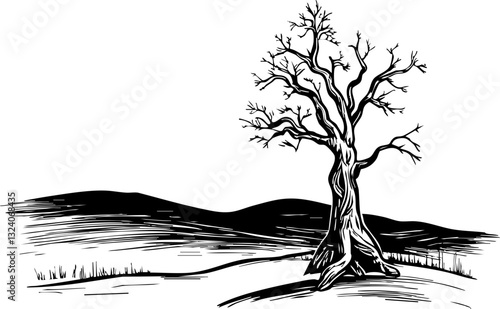 Barren tree silhouette desert landscape digital illustration minimalist style eye-level view desolation and resilience