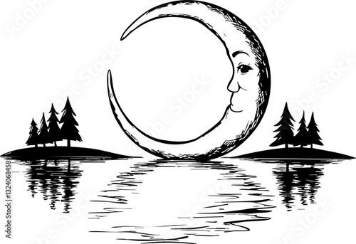 Moonlit reflection serene lake illustrative artwork tranquil nature artistic perspective nighttime serenity