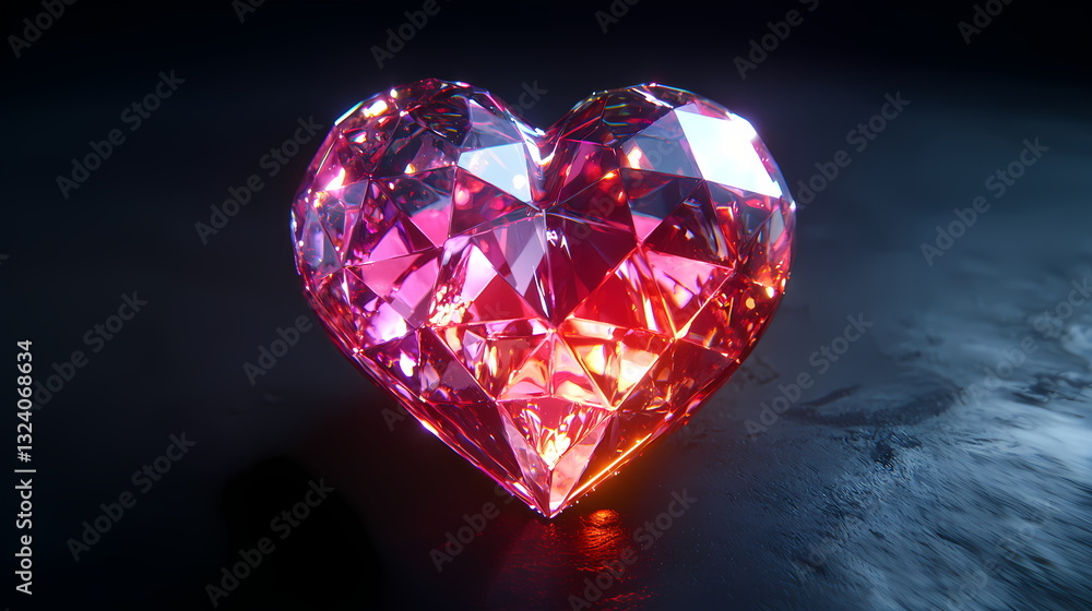 Glowing pink heart shaped diamond shining on dark background Glowing pink heart shaped diamond shining on dark background