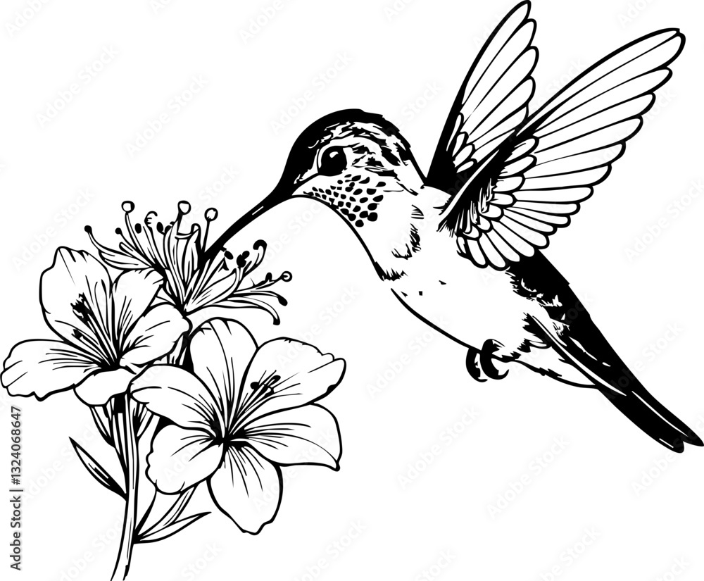 Obraz premium Hummingbird feeding on lily flowers nature scene illustration botanical close-up beauty of wildlife