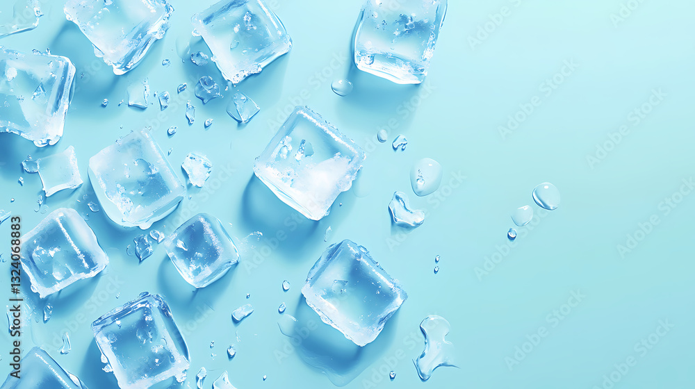 Ice Cubes and Water Droplets on Light Blue Background Ice Cubes and Water Droplets on Light Blue Background