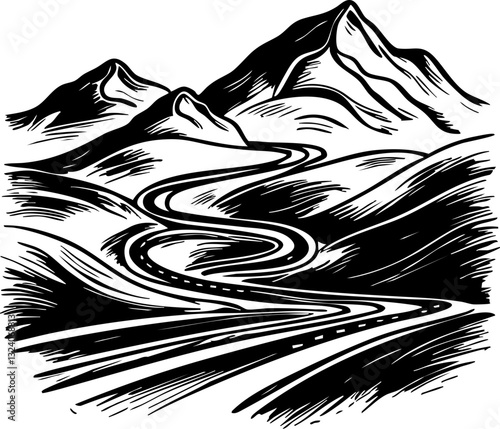 Winding mountain road journey scenic landscape black and white illustration serene environment artistic view nature concept