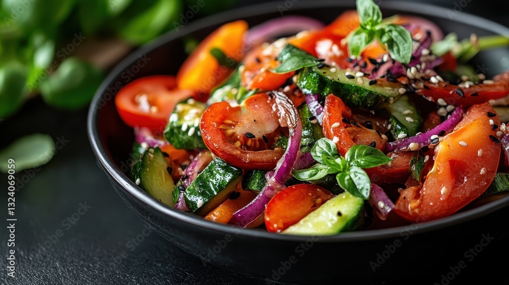 A colorful salad featuring fresh vegetables like tomatoes, cucumbers, and onions topped with basil and sesame seeds, perfect for a healthy meal or snack. A colorful salad featuring fresh vegetables like tomatoes, cucumbers, and onions topped with basil and sesame seeds, perfect for a healthy meal or snack.