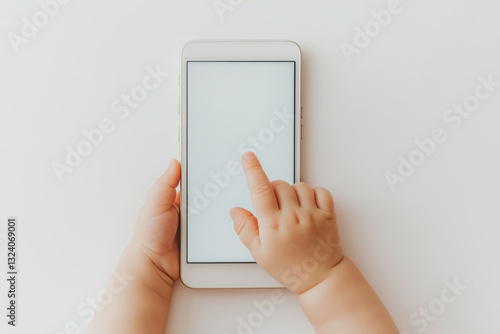 A cute baby hand interacting with a smartphone screen, showcasing early engagement with technology.