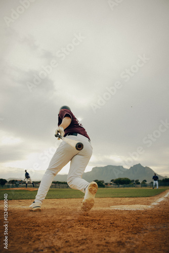 Base runner making a sprint for a triple in a scenic baseball stadium with dramatic skies
