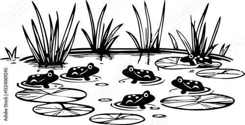 Frogs jumping in a serene pond nature illustration tranquil environment aerial view wildlife concept