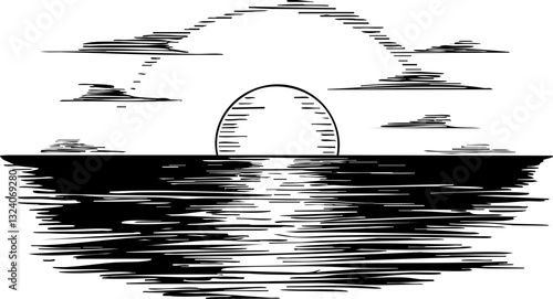 Tranquil sunset over the ocean coastal landscape black and white illustration serene environment artistic viewpoint