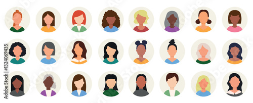 Set of woman persons, avatars, people heads of different ethnicity and ages in flat minimal style.