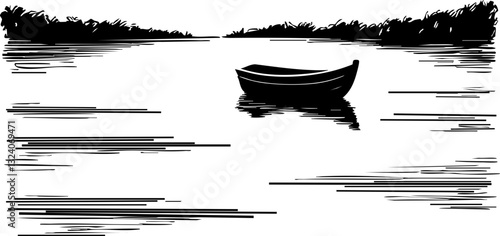 Serene rowboat journey tranquil river digital calm environment wide view exploration concept